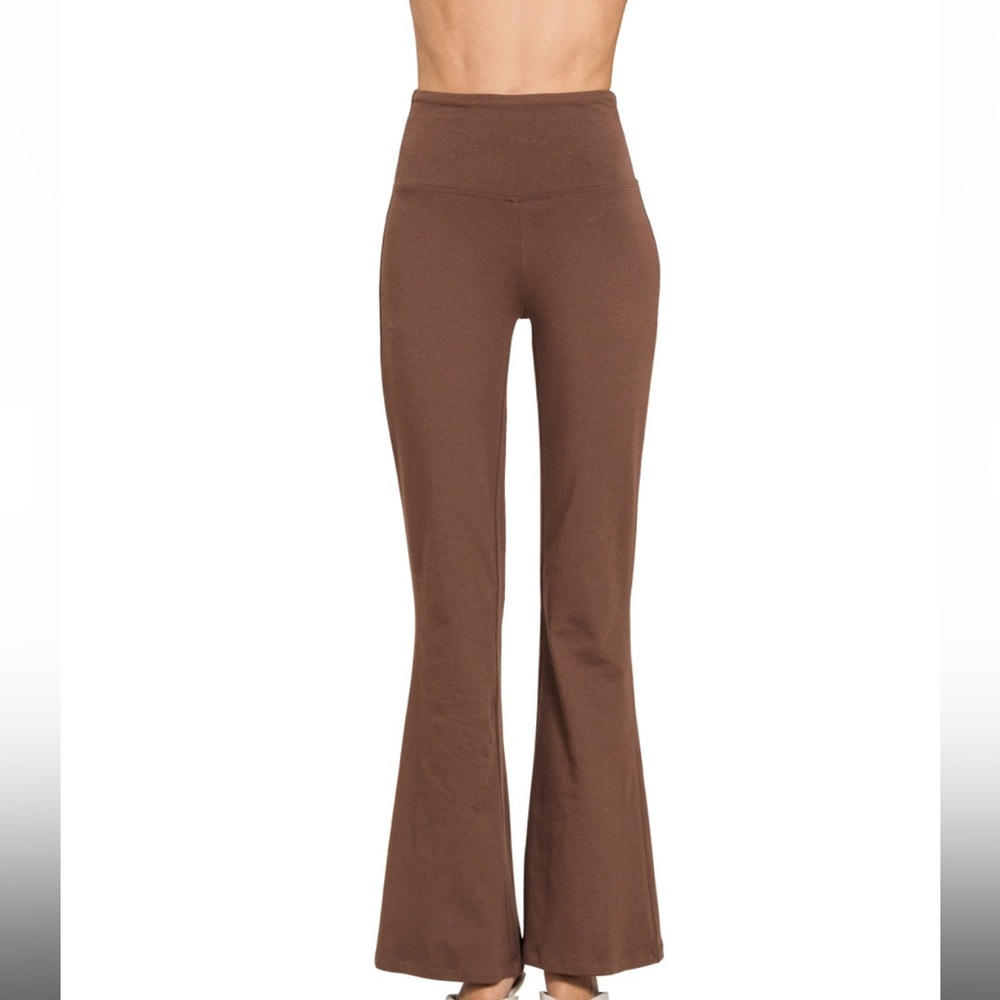 Cotton Wide Waistband Flare Yoga Pants Brown
